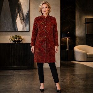 Vintage Chico's Design Floral Tapestry Brocade Long Topper Coat Red Sz 0
